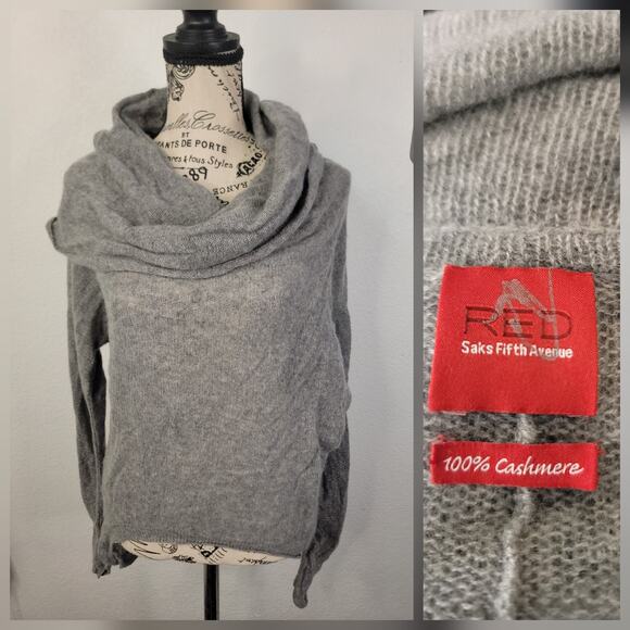 RED SAKS FIFTH AVENUE Sweater Womens XS 100% Cashmere Cowl Neck High Low Sheer - Picture 1 of 11